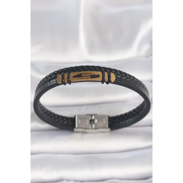 316L Çelik Gold Renk Aksesuarlı Çift Sıra Siyah Burgu Desenli Deri Kordon Erkek Bileklik