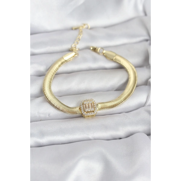 316L Çelik Gold Renk Baget Zirkon Taşlı Yılan Zincirli Kadın Bileklik