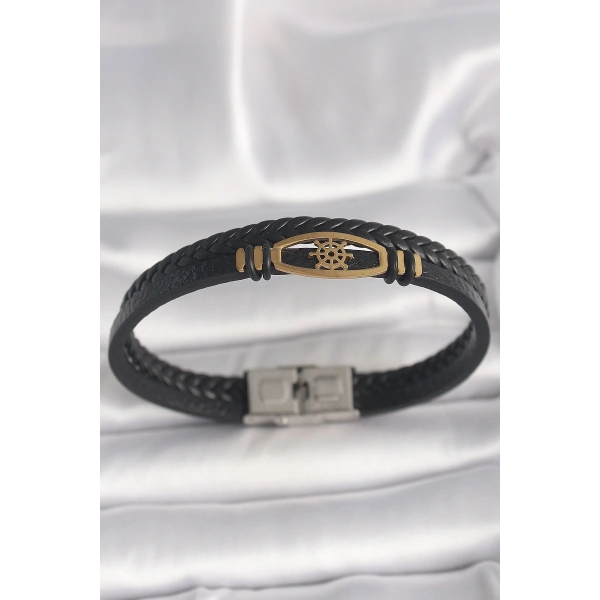 316L Çelik Gold Renk Gemi Dümen Figür Siyah Renk Çift Sıra Burgu Desenli Deri Kordon Erkek Bileklik