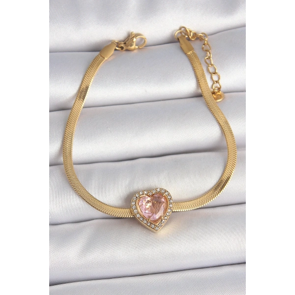 316L Çelik Gold Renk İtalyan Zincir Pembe Zirkon Taşlı Kalp Model Kadın Bileklik