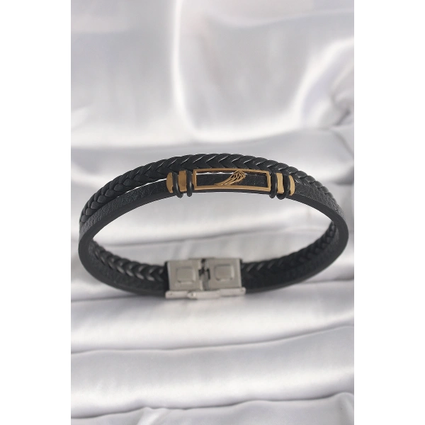 316L Çelik Gold Renk Kanat Aksesuarlı Siyah Burgu Model Deri Kordon Erkek Bileklik