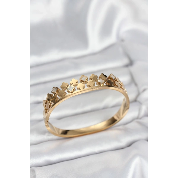 316L Çelik Gold Renk Minimal Yoncalı Kadın Kelepçe Bileklik