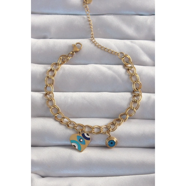 316L Çelik Gold Renk Nazarlı Kalp Model Zincir Bileklik