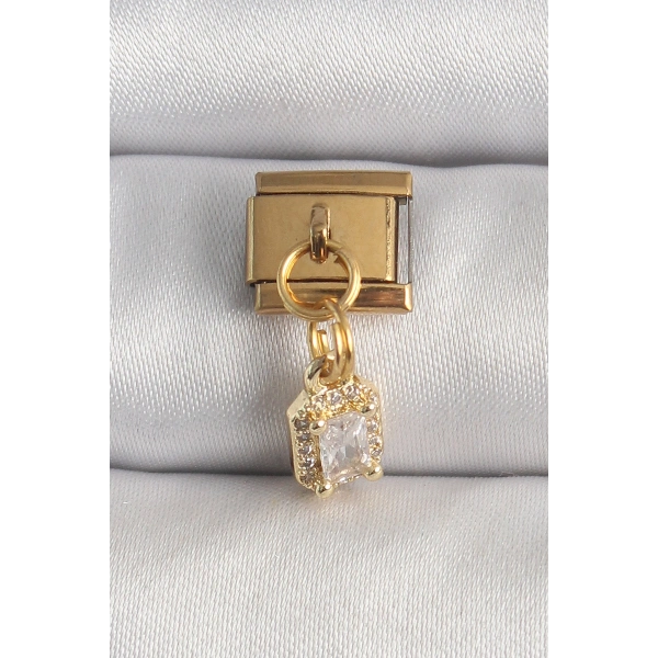 316L Çelik Gold Renk Sallantı Zirkon Taşlı Kare Model Nomination Charm