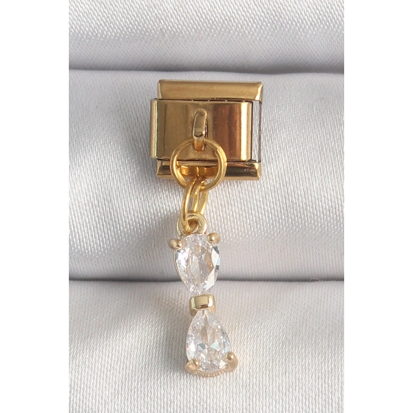 316L Çelik Gold Renk Sallantı Zirkon Taşlı Kurdele Model Nomination Charm