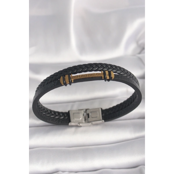 316L Çelik Gold Renk ZikZak İşlemeli Aksesuarlı Çift Sıra Burgu Desenli Deri Kordon Erkek Bileklik