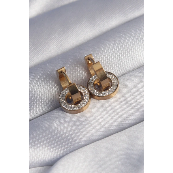 316L Çelik Gold Renk Zirkon Taşlı İç İçe Geçmeli Oval Küpe