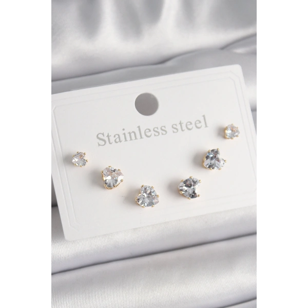 316L Çelik Gold Renk Zirkon Taşlı Kalp Model Kadın Küpe Seti