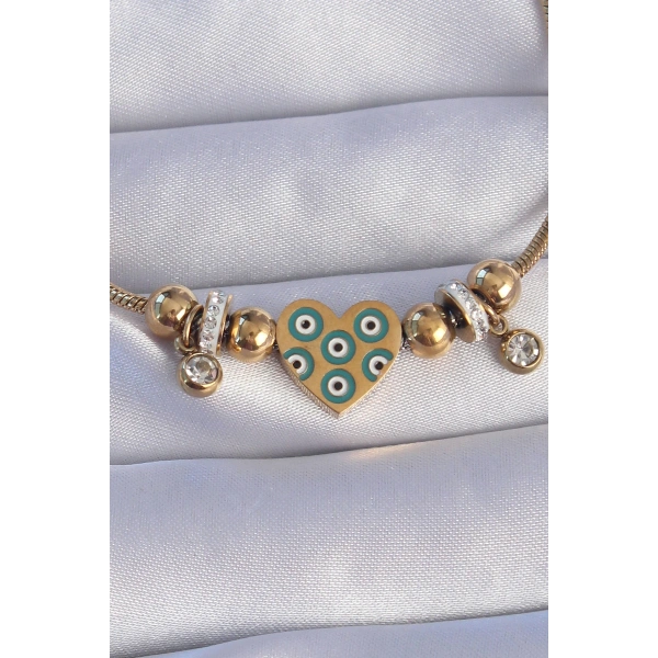316L Çelik Gold Renk Zirkon Taşlı Nazarlı Kalp Tasarımlı Bileklik