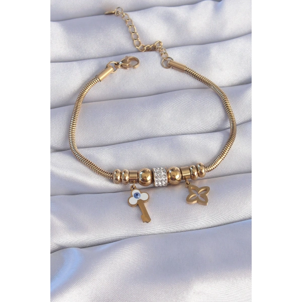 316L Çelik Gold Renk Zirkon Taşlı Yonca Detay Nazarlı Anahtar Tasarımlı Bileklik