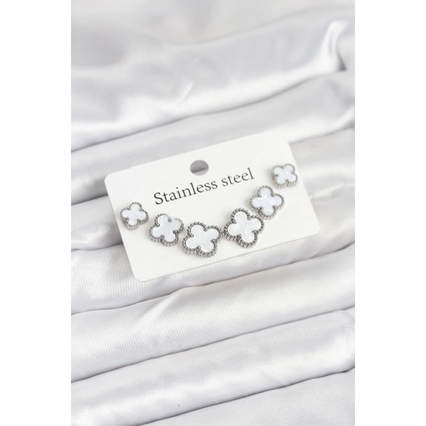 316L Çelik Gümüş Beyaz Renk 3 Boy Yonca Küpe Seti