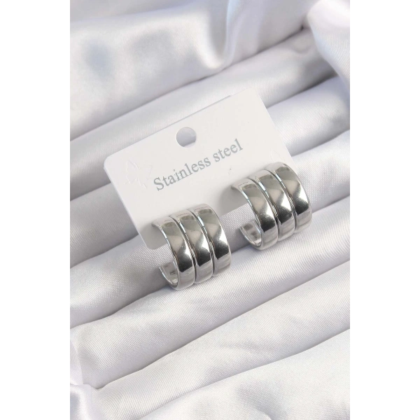 316L Çelik Gümüş Renk 3lü Görünüm Bombe Model Yarım Halka Küpe