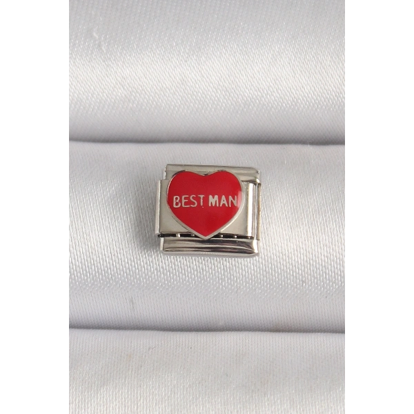 316L Çelik Gümüş Renk Best Man Yazılı Kırmızı Kalp İşlemeli Nomination Charm