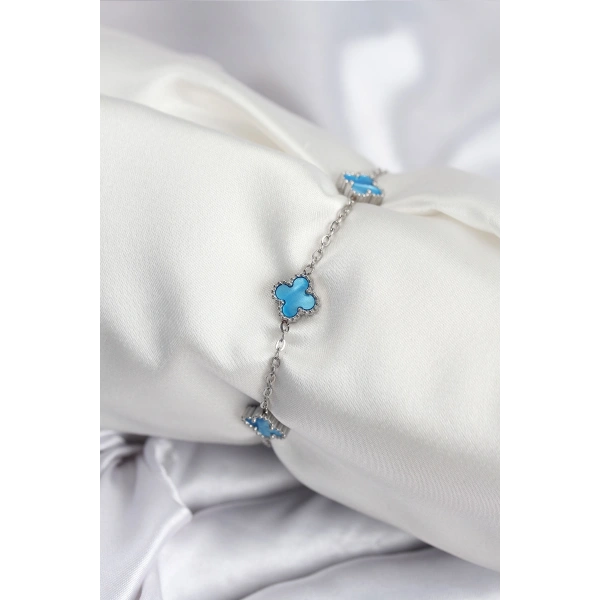 316L Çelik Gümüş Renk Buz Mavisi Baby Boy Yonca Kadın Bileklik