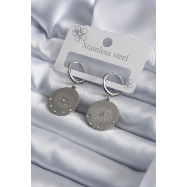 316L Çelik Gümüş Renk Göz İşleme Zirkon Taş Detay Kadın Küpe