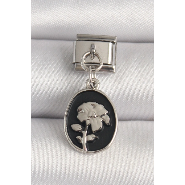 316L Çelik Gümüş Renk Gümüş Çiçek İşlemeli Siyah Portre Model Nomination Charm