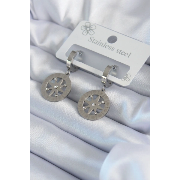 316L Çelik Gümüş Renk Kutup Yıldızı Model Zirkon Taş İşleme Detay Kadın Küpe