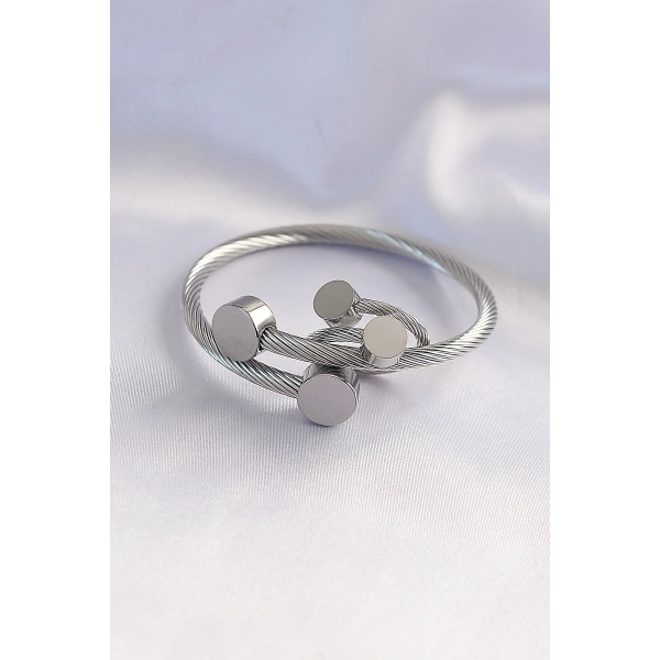 316L Çelik Gümüş Renk Oval Aksesuarlı Burgu Model Bileklik ve Yüzük Kombini