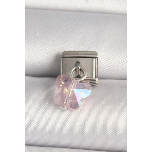 316L Çelik Gümüş Renk Pembe Zirkon Taşlı Kelebek Model Nomination Charm