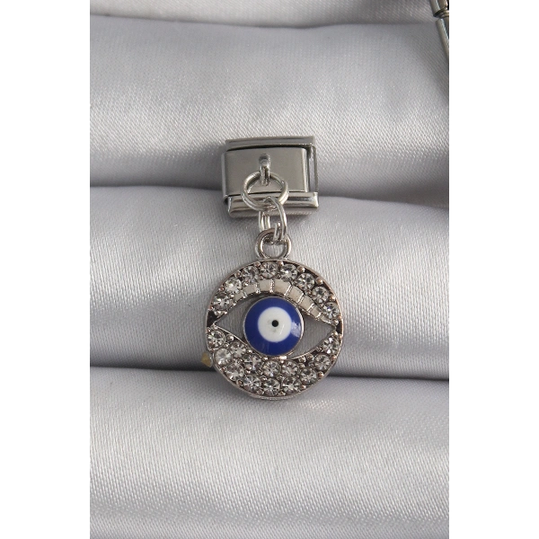 316L Çelik Gümüş Renk Sallantı Zirkon Taşlı Göz Model Nazar Boncuk Detay Nomination Charm