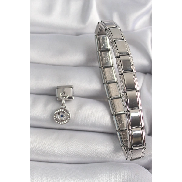 316L Çelik Gümüş Renk Sallantı Zirkon Taşlı Göz Model Nomination Charm