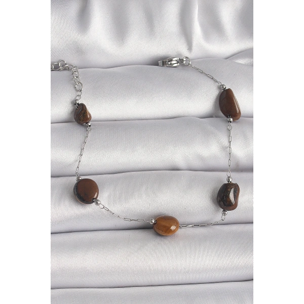 316L Çelik Gümüş Renk Zincir Kahverengi Doğaltaş Model Kadın Bileklik