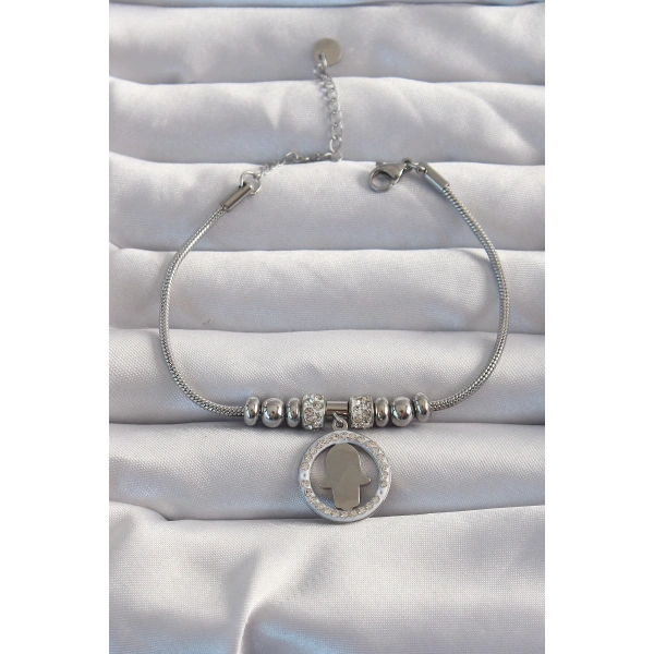 316L Çelik Gümüş Renk Zirkon Taş Aksesuarlı Fatma Ana Eli Bileklik