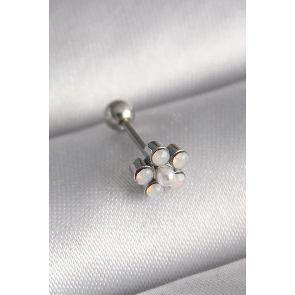 316L Çelik Gümüş Renk Zirkon Taşlı Çiçek Model Tragus Piercing