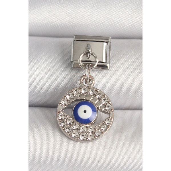 316L Çelik Gümüş Renk Zirkon Taşlı Göz Model Nazar Boncuk Detay Nomination Charm