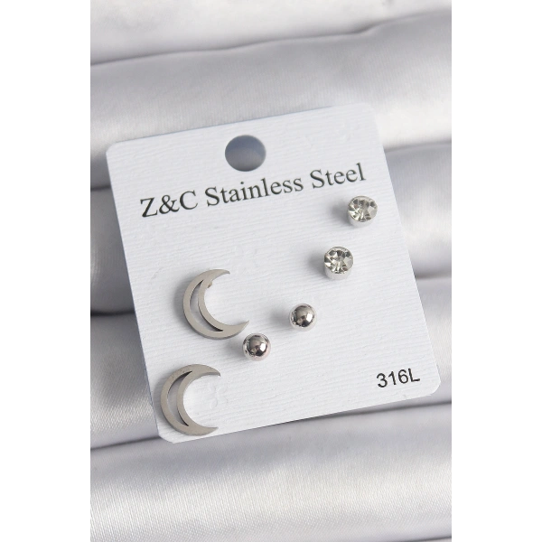 316L Çelik Gümüş Renk Zirkon Taşlı Hilal Model Kadın Küpe Seti