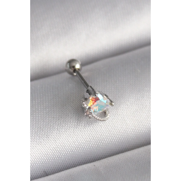 316L Çelik Gümüş Renk Zirkon Taşlı Kalp Tragus Piercing