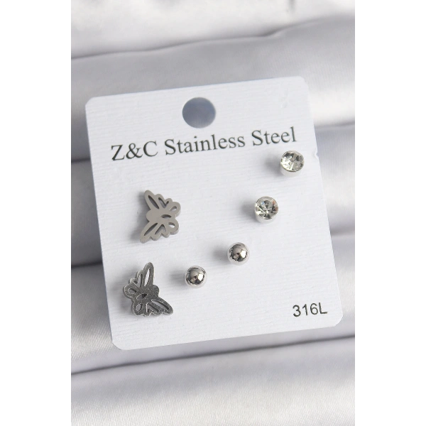 316L Çelik Gümüş Renk Zirkon Taşlı Kelebek Model Kadın Küpe Seti