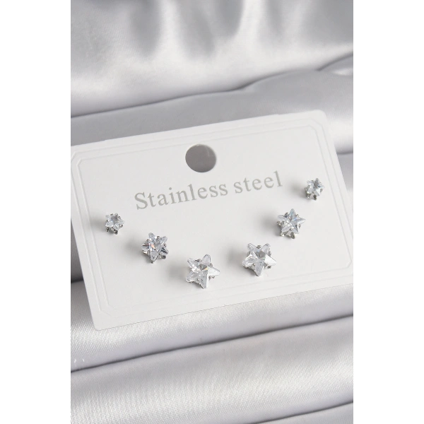 316L Çelik Gümüş Renk Zirkon Taşlı Yıldız Model Kadın Küpe Seti