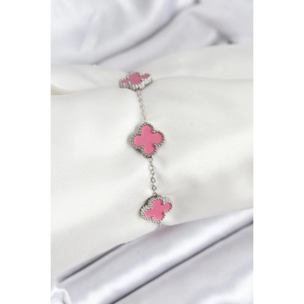 316L Çelik Gümüş Zincir Pembe Renk Yonca Bileklik