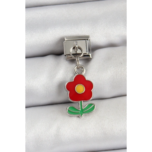 316L Çelik Sallantılı Kırmızı Papatya Model Gümüş Renk Nomination Charm
