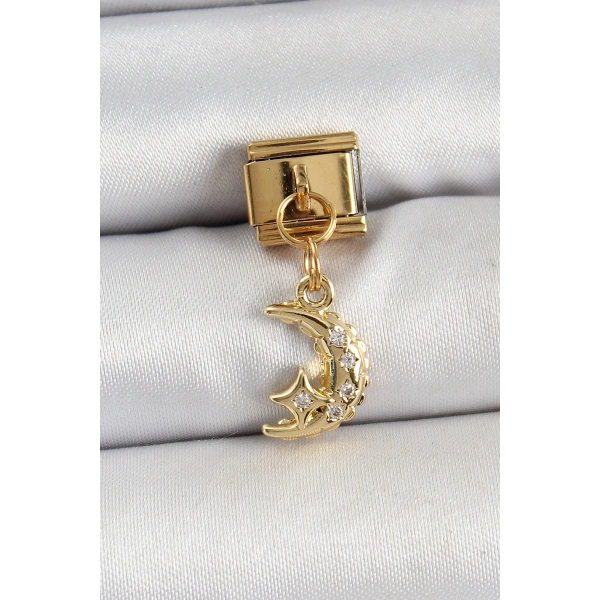 316L Çelik Sallantılı Zirkon Taşlı Ay Model Gold Renk Nomination Charm