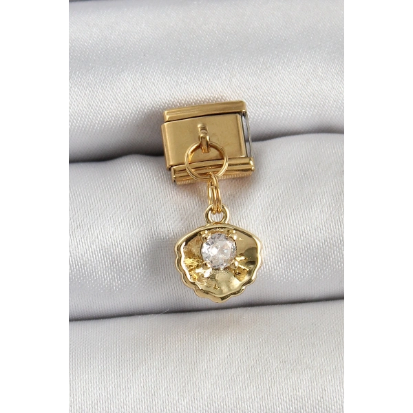 316L Çelik Sallantılı Zirkon Taşlı İstiridye Model Gold Renk Nomination Charm