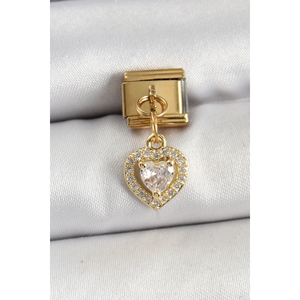 316L Çelik Sallantılı Zirkon Taşlı Kalp Model Gold Renk Nomination Charm