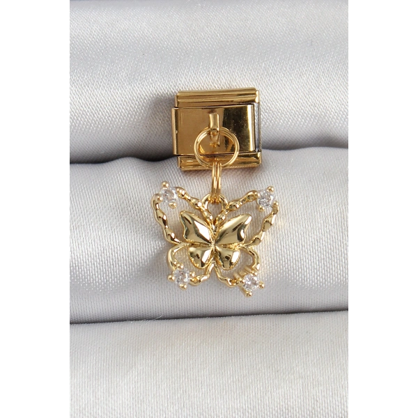 316L Çelik Sallantılı Zirkon Taşlı Kelebek Model Gold Renk Nomination Charm