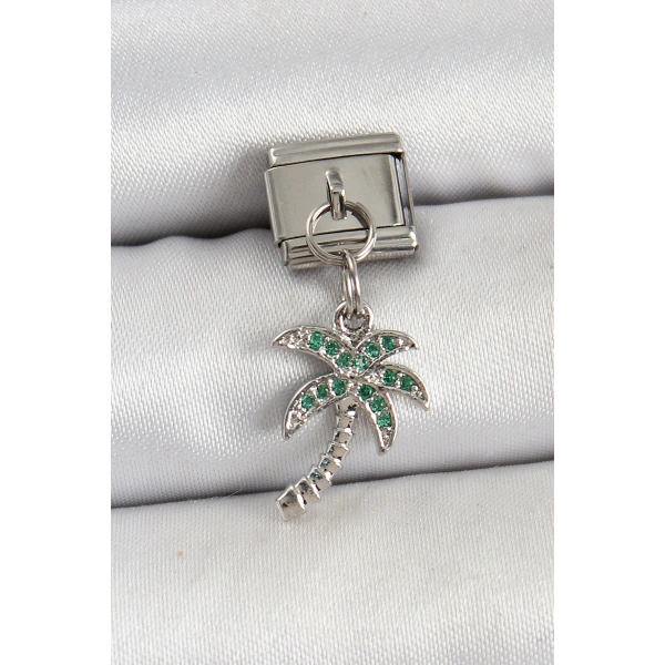 316L Çelik Sallantılı Zirkon Taşlı Palmiye Ağacı Model Gümüş Renk Nomination Charm