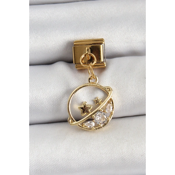 316L Çelik Sallantılı Zirkon Taşlı Satürn Model Gold Renk Nomination Charm
