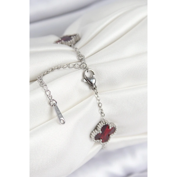 316L Çelik Sedefli Kırmızı Gümüş Renk Yonca Kadın Bileklik