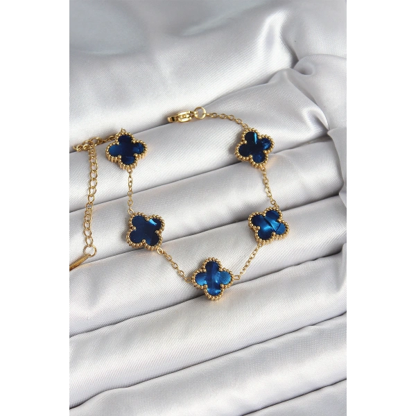 316L Çelik Sedefli Lacivert Gold Renk Yonca Kadın Bileklik