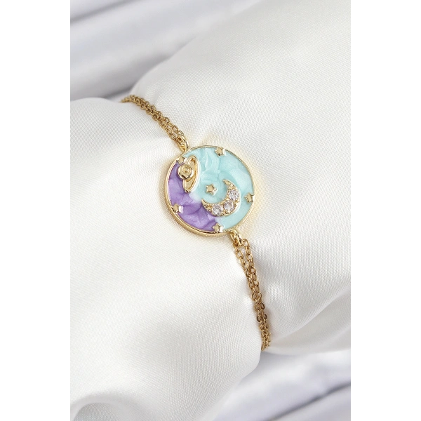 316L Çelik Zincir Mineli Sanatsal Portre Zirkon Taşlı Gezegen Model Gold Renk Kadın Bileklik