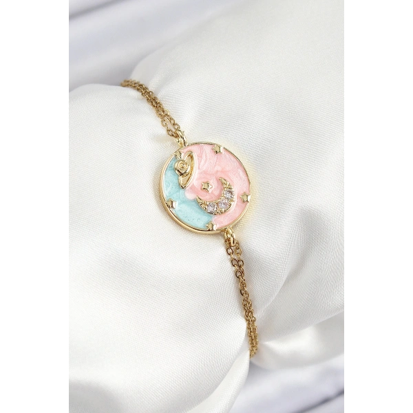 316L Çelik Zincir Mineli Sanatsal Portre Zirkon Taşlı Gezegen Model Gold Renk Kadın Bileklik