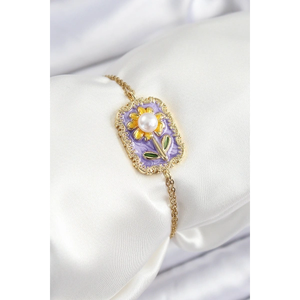 316L Çelik Zincir Mor Mineli Sanatsal Portre İnci Detaylı Papatya Model Gold Renk Kadın Bileklik