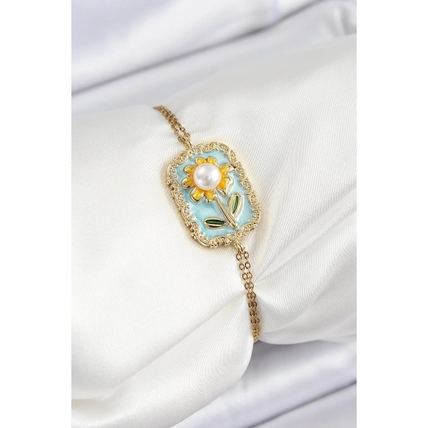 316L Çelik Zincir Turkuaz Mineli Sanatsal Portre İnci Detaylı Papatya Model Gold Renk Kadın Bileklik