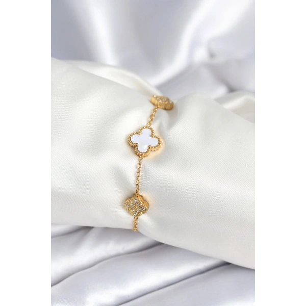 316L Çelik Zincir Zirkon Taşlı Yonca Beyaz Kadın Bileklik