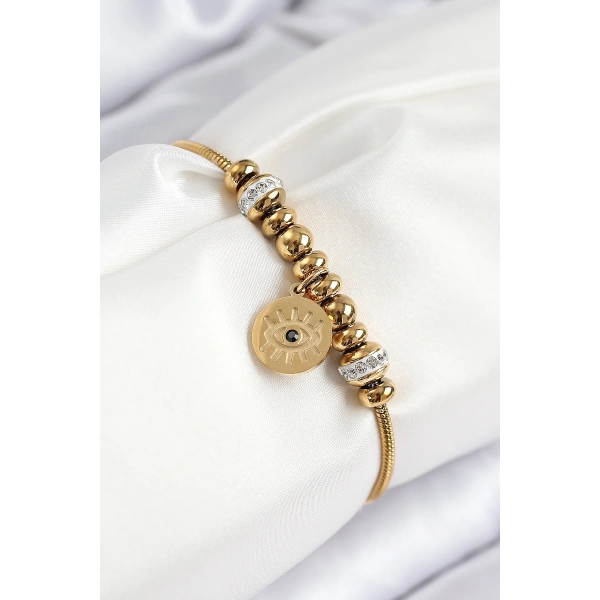 316L Çelik Zirkon Taşlı Göz Charm Model Gold Renk Kadın Bileklik