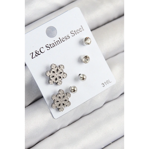 316L Çelik Zirkon Taşlı Kar Tanesi Model Gümüş Renk Kadın Set Küpe